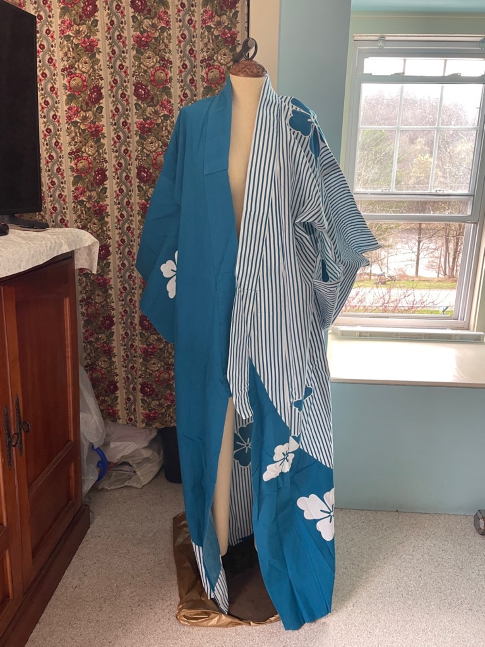 Teal Floral Summer Kimono Robe - Women's Linen Cotton Authentic Japanese